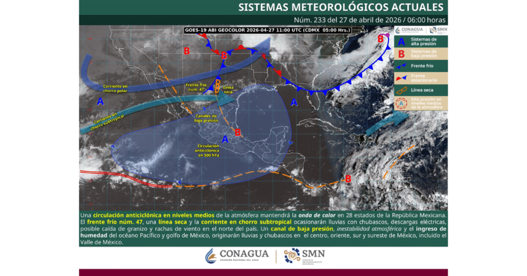 Pronóstico de lluvias para hoy 27 de abril de 2026
