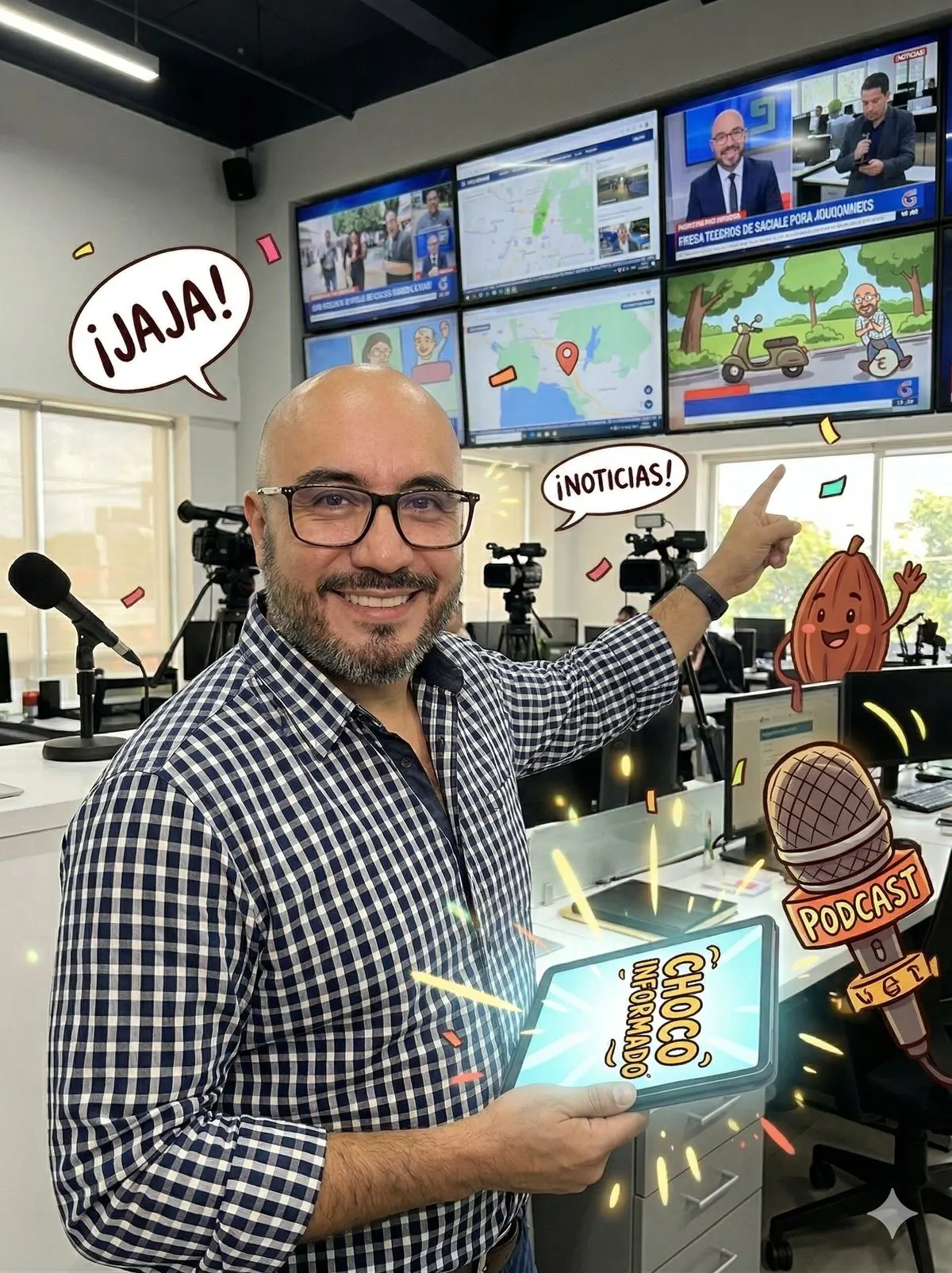 Kike, conductor del podcast Chocoinformado, en un estudio de noticias digital con elementos de comedia y cultura de Tabasco.