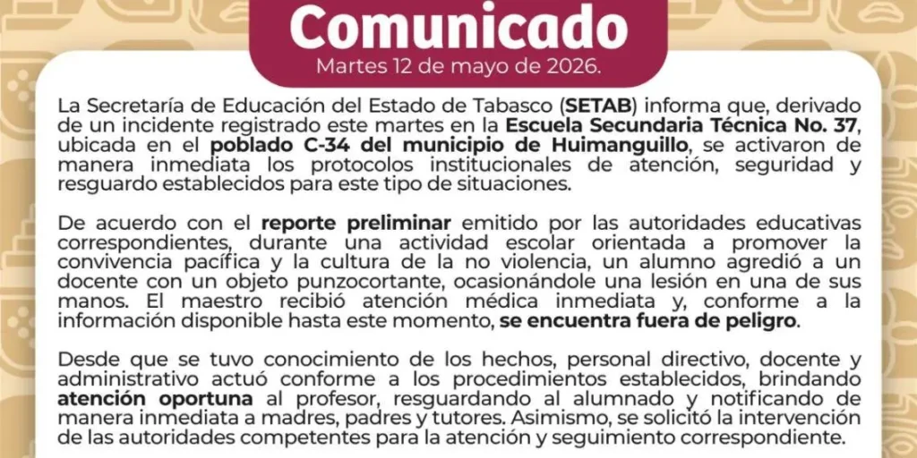 Violencia Escolar en SETAB: Maestro Agredido
