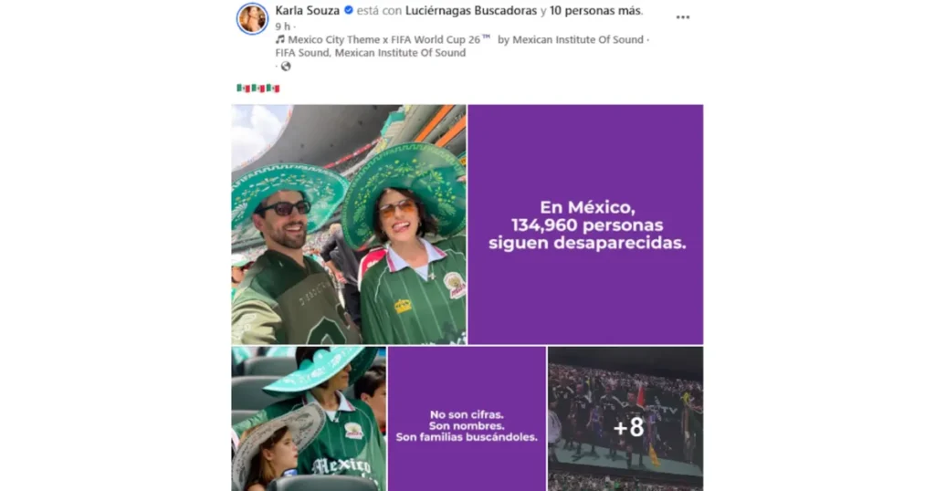 Karla Souza desata debate en redes tras combinar mensajes sobre desaparecidos con su asistencia al Mundial 2026