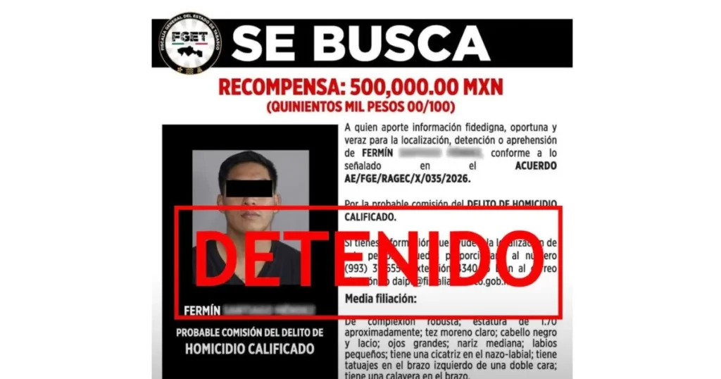 Recapturan a prófugo acusado de homicidio calificado en Tabasco