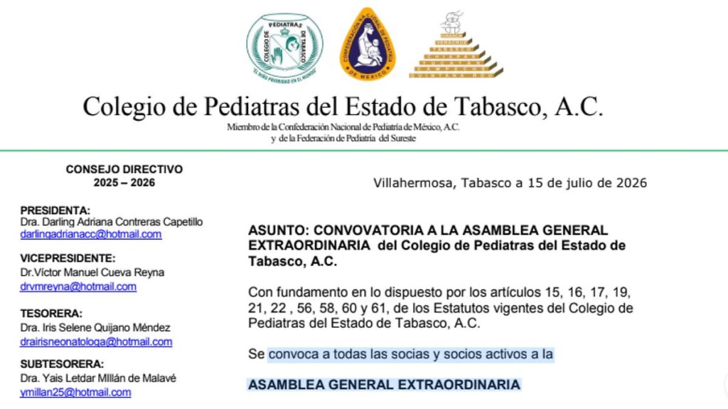 CONVOCATORIA A LA ASAMBLEA GENERAL EXTRAORDINARIA del Colegio de Pediatras del Estado de Tabasco, A.C.