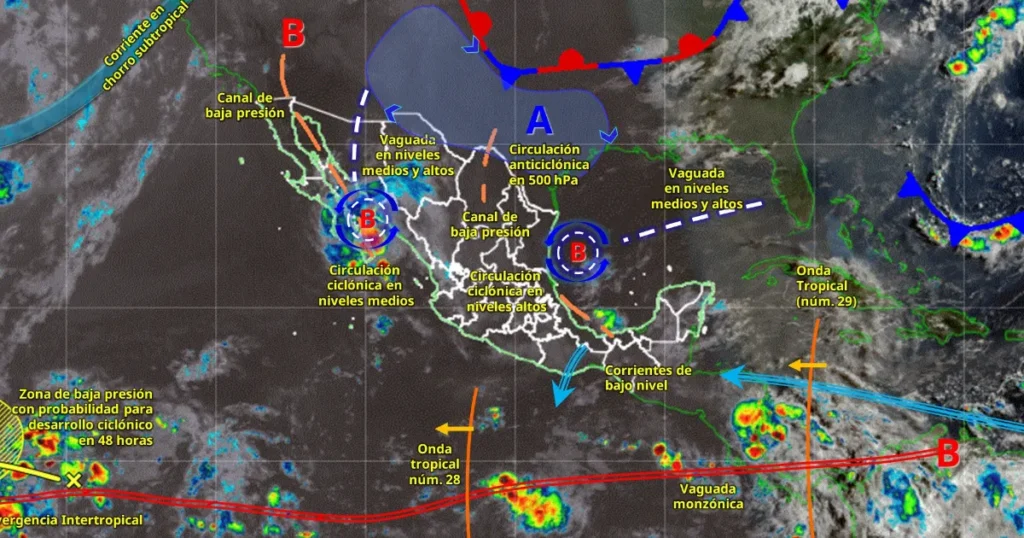 Pronóstico del clima: avanzan ondas tropicales núm. 28 y 29, continúan las lluvias